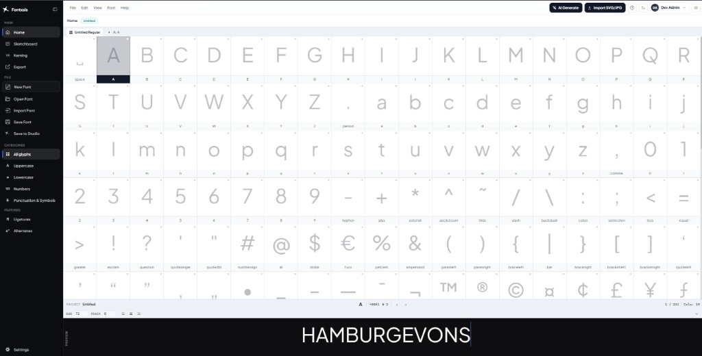 Tampilan Overview Fontxsis Lab: sidebar kiri, grid glyph, dan preview di bagian bawah