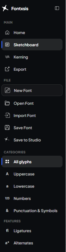 Sidebar Fontxsis dengan menu MAIN, FILE, CATEGORIES, dan FEATURES; Sketchboard aktif
