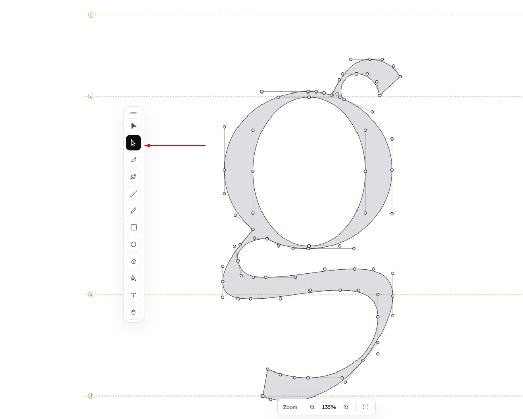 Toolrail dengan panah merah ke Edit tool; huruf g menampilkan anchor dan handle Bezier