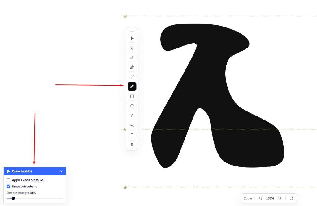Draw aktif di toolrail; panel Draw Tool dengan Smooth; bentuk organik hitam di kanvas