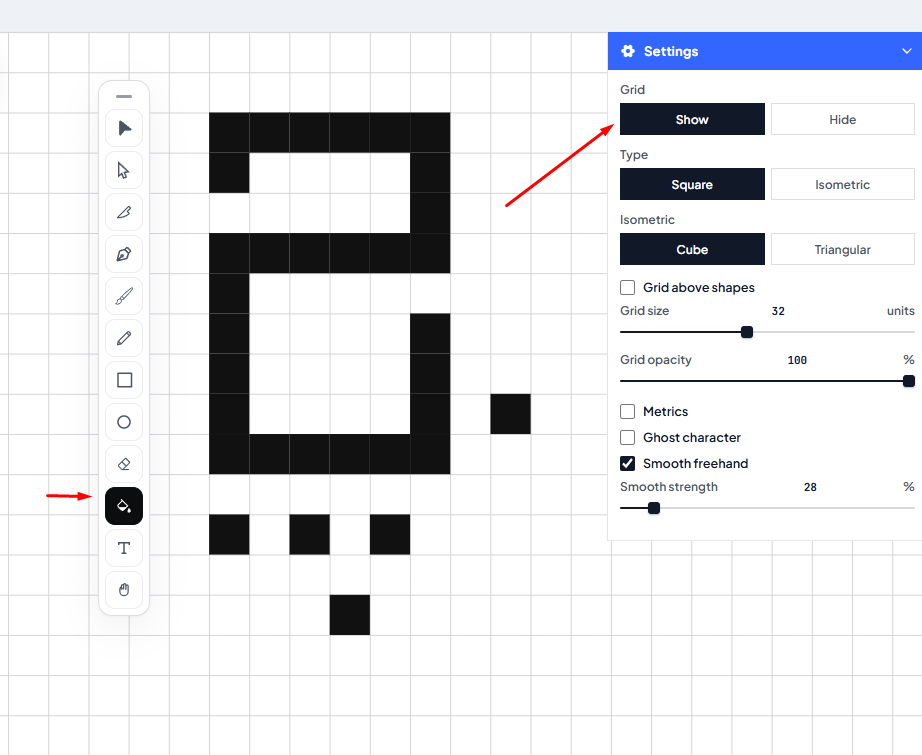 Fill Grid aktif di toolrail; Settings Grid Show; bentuk pixel hitam di kanvas