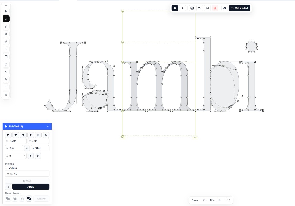 Edit tool aktif pada glyph run; anchor dan handle terlihat di outline