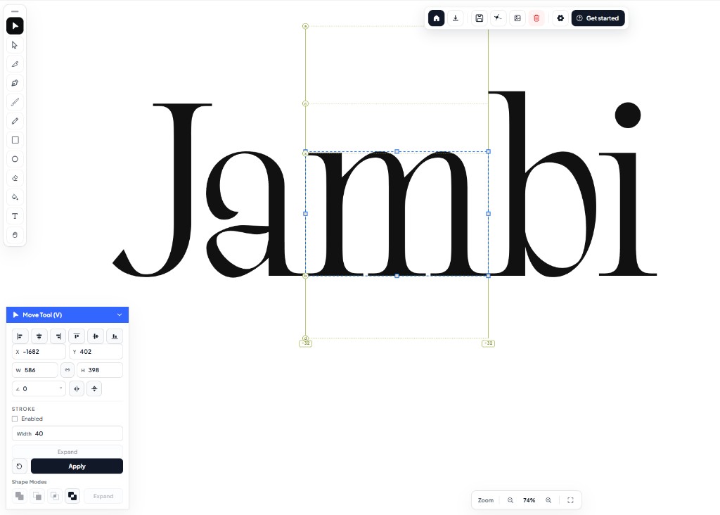 Huruf m dalam run Jambi terpilih dengan bounding box dan sidebearing
