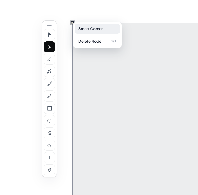 Klik kanan di node sudut: menu Smart Corner dan Delete Node