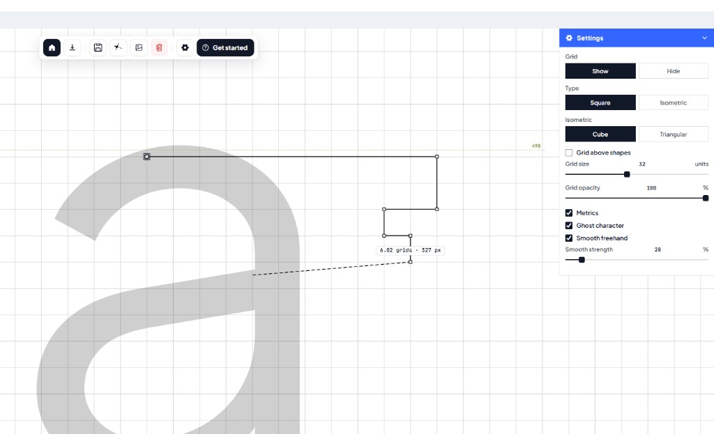 Menggambar path dengan tooltip ukuran dalam grids dan px