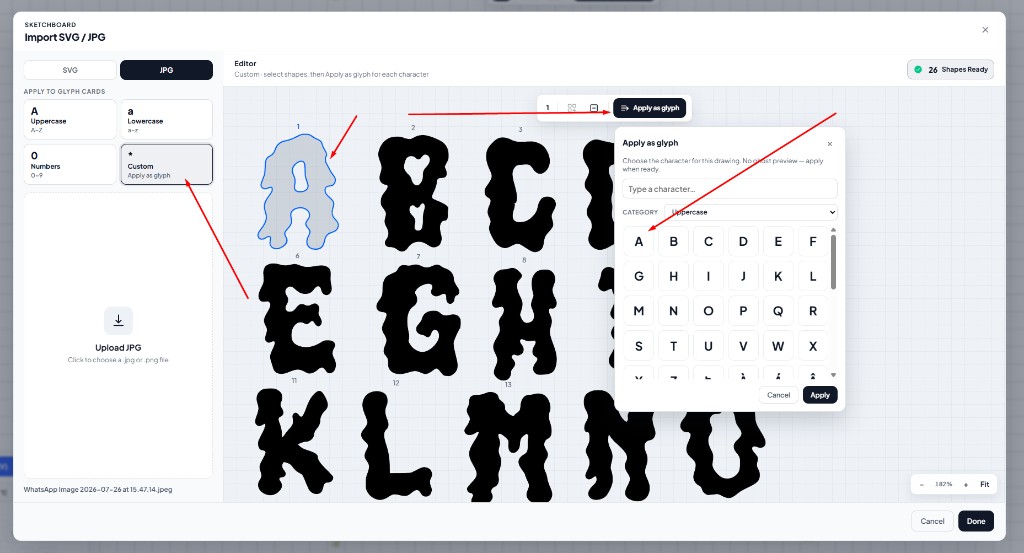 Mode Custom: Apply as glyph lalu pilih karakter target