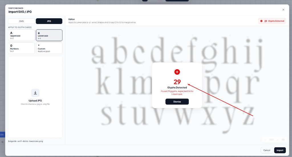 Peringatan 29 glyphs detected, expected 26 for Lowercase