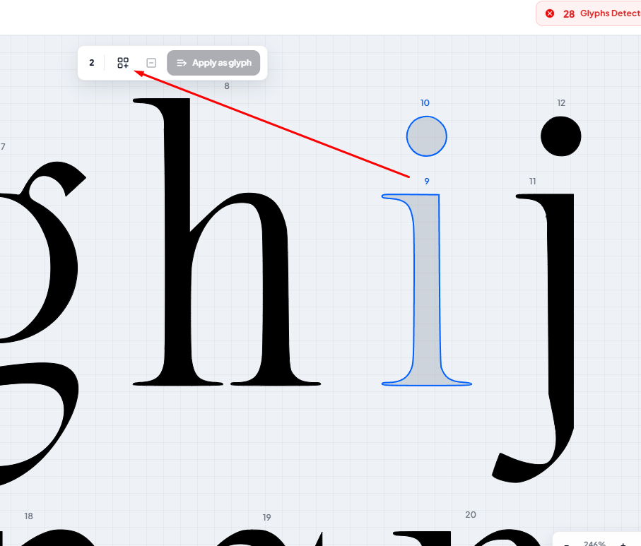 Pilih dua bagian huruf i lalu Group di floating toolbar
