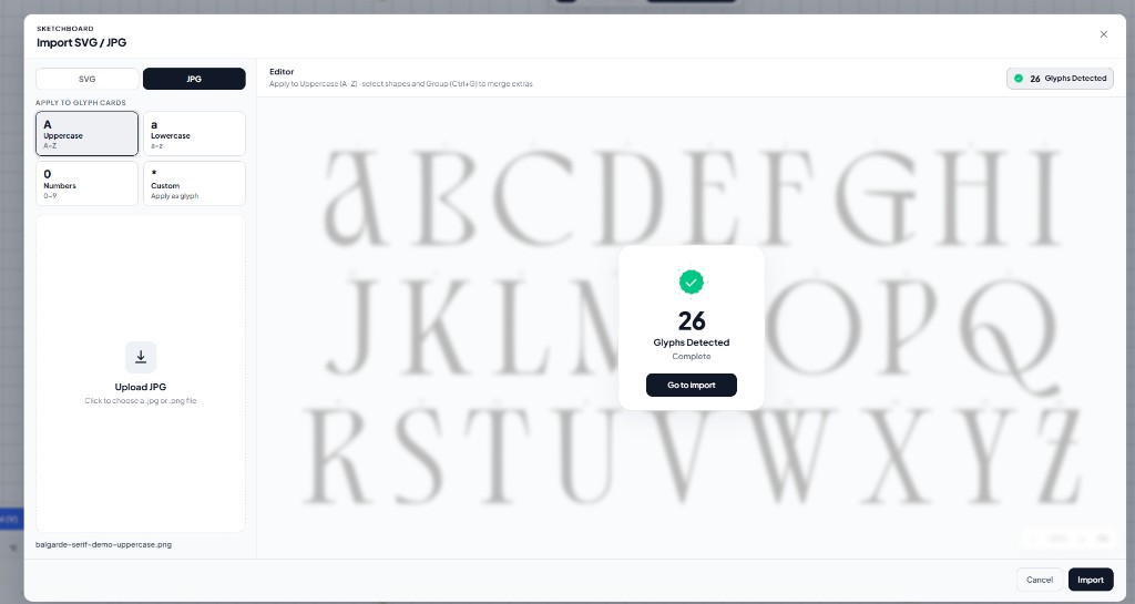 JPG terdeteksi 26 glyphs dengan dialog Go to Import