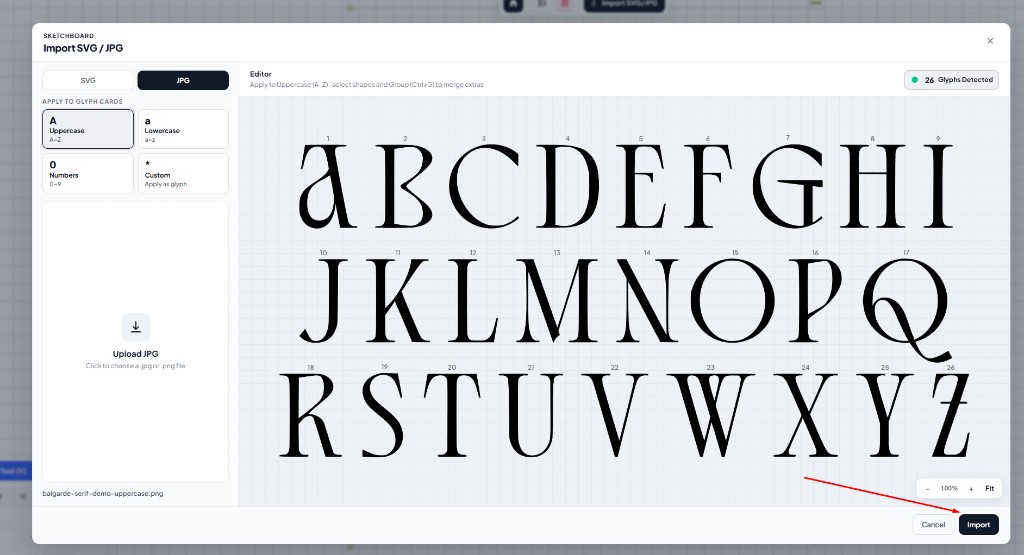 Editor dengan 26 glyph bernomor siap Import