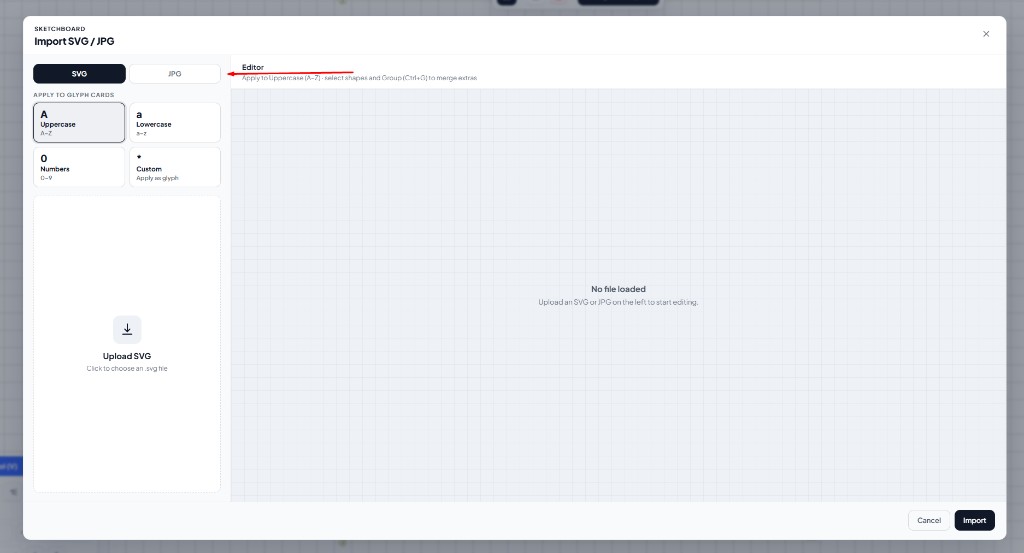 Modal Import SVG/JPG: tab SVG, kartu Apply to glyph, area upload