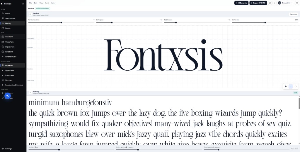 Halaman Kerning: panel adjust Matrix dan Spacing LIVE