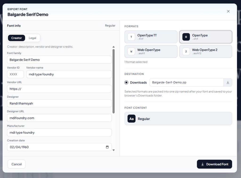 Dialog Export Font: Font Info, Formats, Destination, Download Font